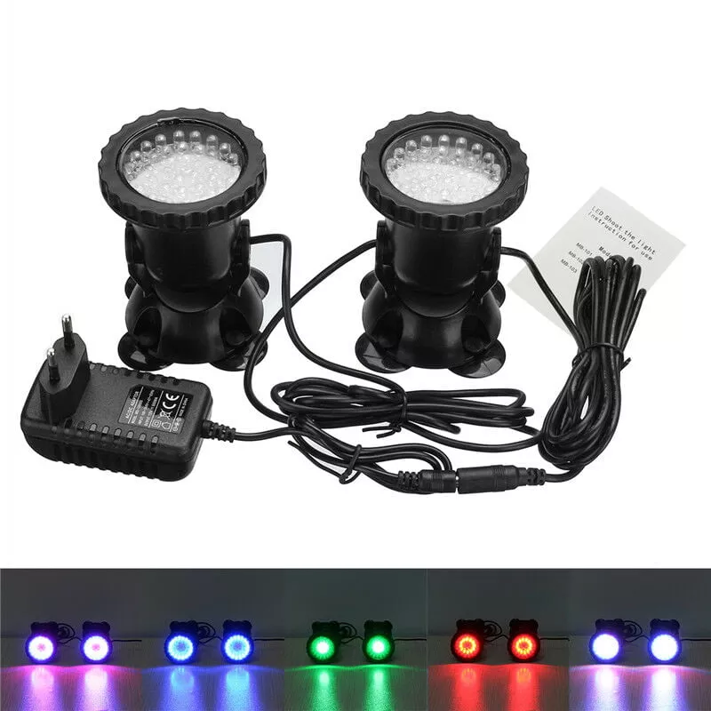 2IN1 1set 2 luces RGB LED Luz de piscina subacuática Foco Impermeable IP68 Acuario Fuente de jardín Estanque Lámpara de peces Paisaje Decoración de barato