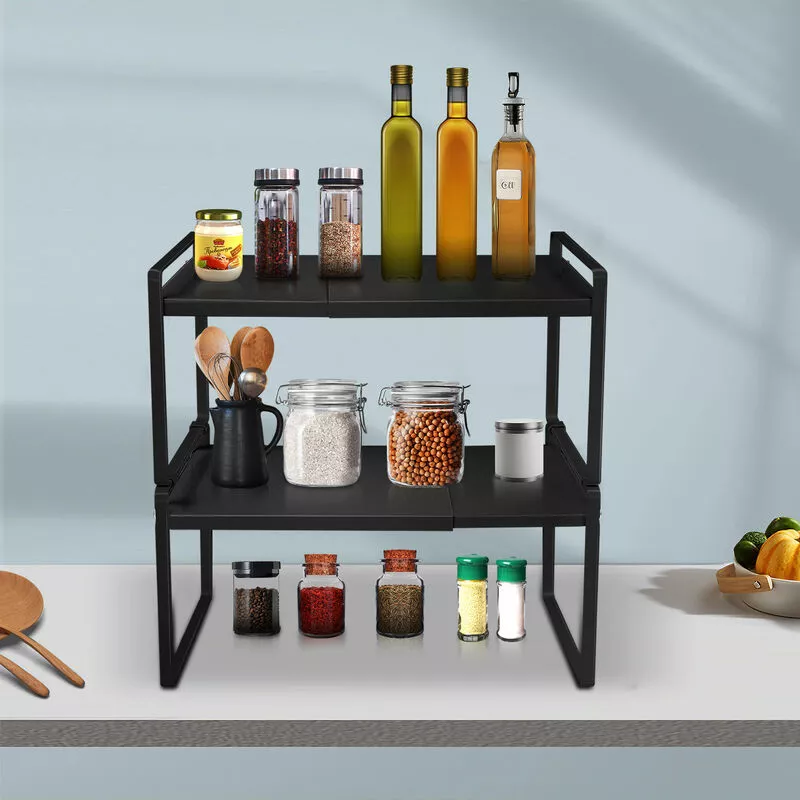 2x Organizador de cocina Encimera Estante de especias Estante de almacenamiento de metal extensible 36-60x21x36.5cm Negro barato