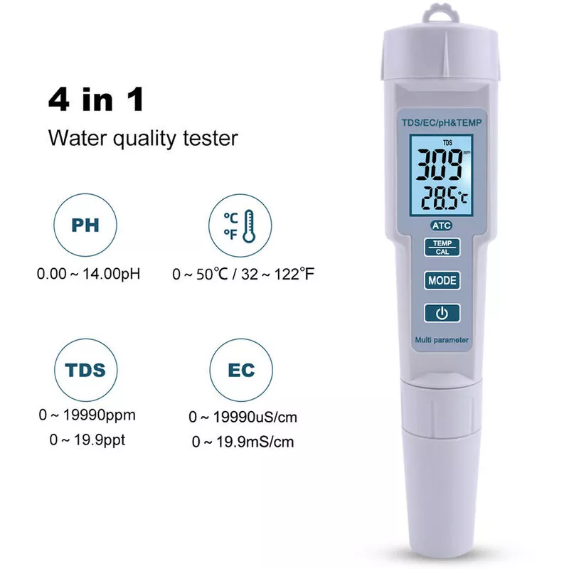 4 en 1 Medidor de PH / EC / TDS / Temp Medidor de prueba de calidad del agua Rango de medición de alta precisión Pantalla LCD Herramienta de medición barato
