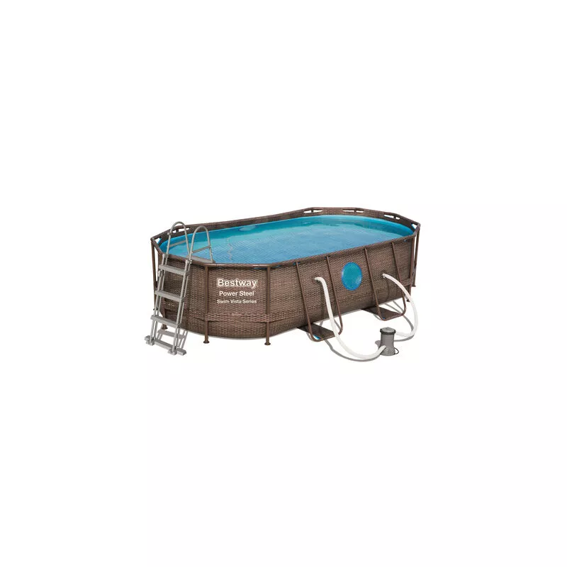 56714 - piscina desmontable tubular power steel 427x250x100 cm depuradora cartucho 2.006 l - h escalera y cobertor diseño rattan - Bestway barato