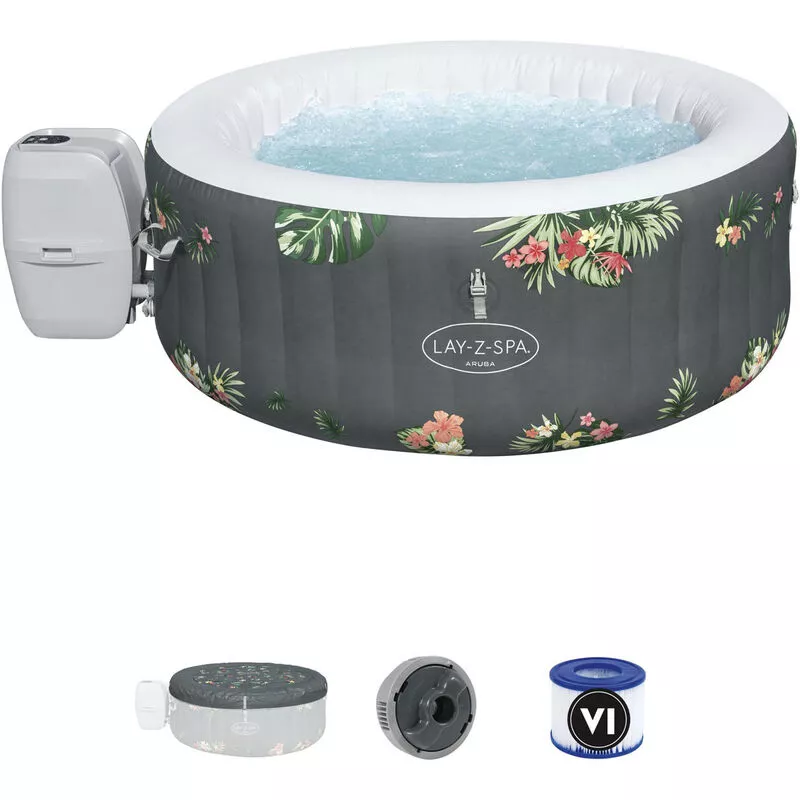 Bestway - Spa Hinchable Lay-Z Aruba 110 Burbujas AirJet 170x66 cm Para 3 Personas Redondo Gris Hojas Tropicales barato