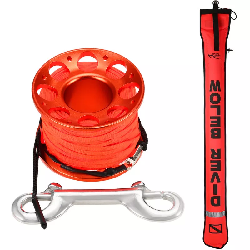 Boya marcadora de superficie de buceo de 3.9 pies con clip de carrete de dedo de aleacion de 49.2 pies Tubo de senal de seguridad inflable