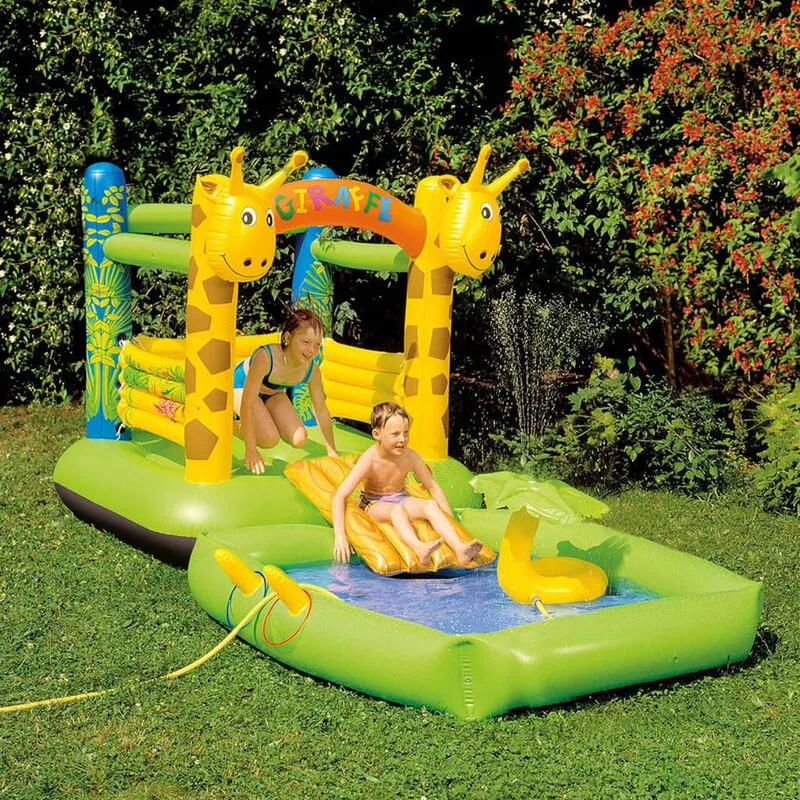 Castillo hinchable y piscina de juegos y aspersor Giraffe - Multicolor - Happy People barato