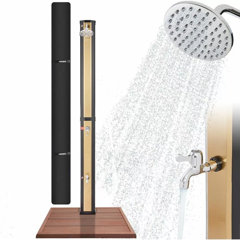 Ducha solar 35 l Negro / Oro con placa base Aspecto madera - Negro / Oro - Arebos barato