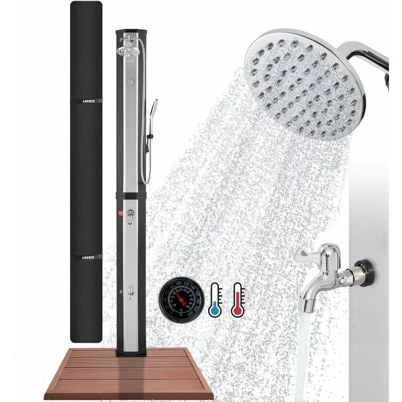 Ducha solar 60 l Negro / Plata con Termómetro y placa base imitación madera - Negro / Plata - Arebos barato