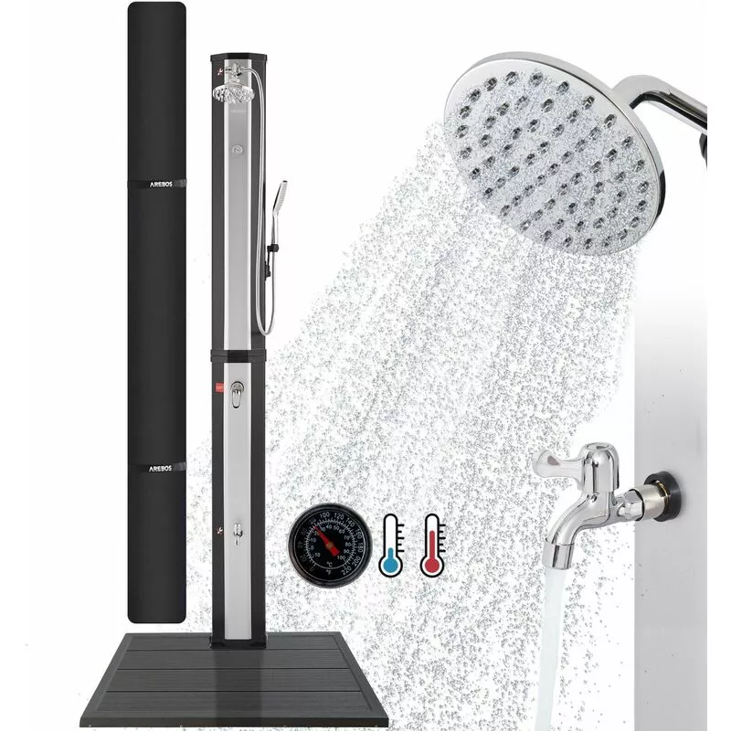 Ducha solar 60L Negro / Plata con Termómetro y placa base Antracita - Negro / Plata - Arebos barato