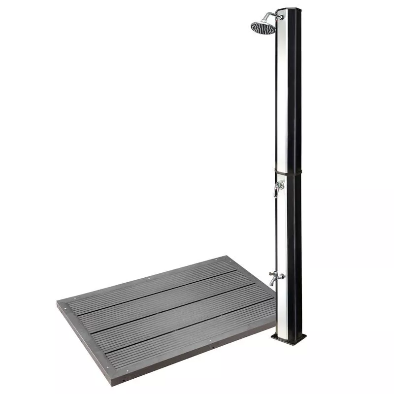 Ducha Solar Negra Plateada Con Cabezal De Ducha Efecto Lluvia 35L Con Elemento De Suelo Para Jardín En Oferta Ducha Solar Negra Plateada Con Cabezal De Ducha Efecto Lluvia 35L Con Elemento De Suelo Para Jardín Barato