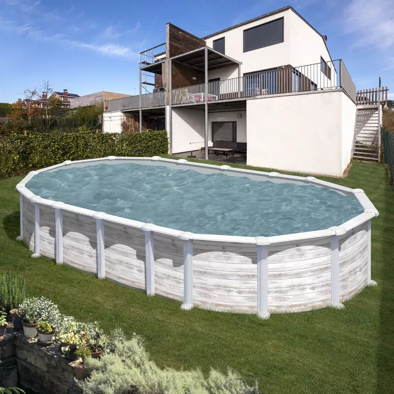 GRÉ - Piscina desmontable de acero ovalada en decoración nordic islandia - Medidas: 730 x 375 x 132 cm con filtro de arena barato