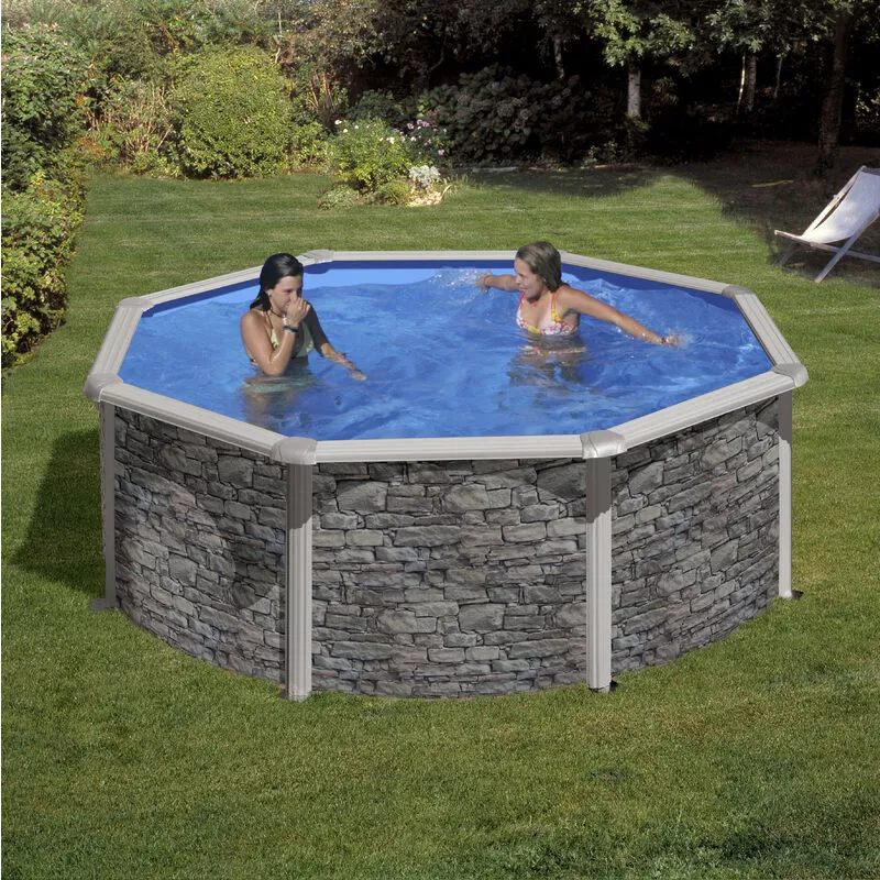 GRÉ - Piscina desmontable de acero redonda en decoración piedra - Medidas: 350 x 120 cm con filtro de arena barato