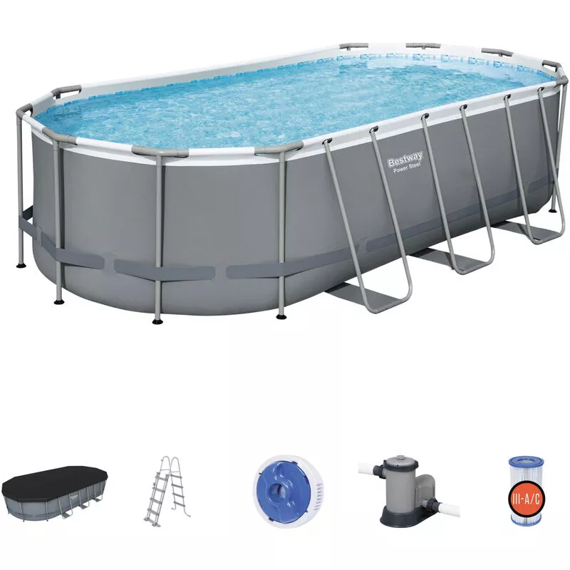 Kit completo de piscina Spinelle gris - piscina tubular ovalada de 5x3 m