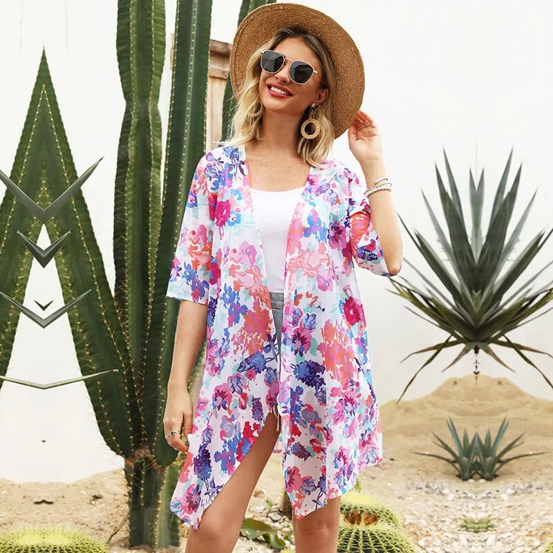 Moda mujer verano estampado floral cardigan manga corta delgada casual bohemia playa kimono