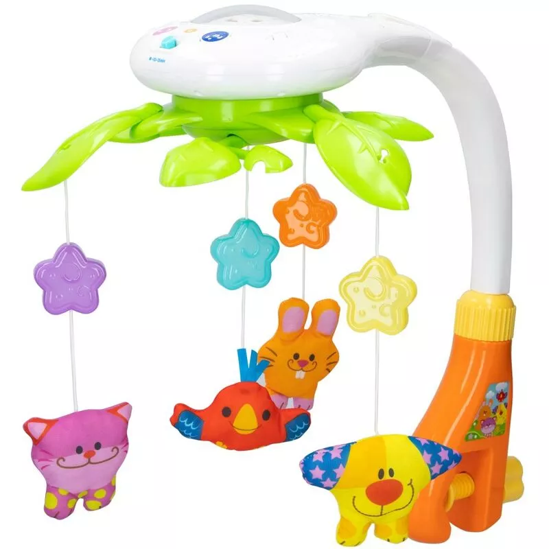 Movil proyector musical para cuna con animalitos - Winfun barato