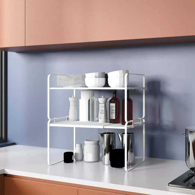Organizador de cocina Encimera Estante de especias Estante de almacenamiento de metal extensible 24-42x21x46.5cm Blanco barato