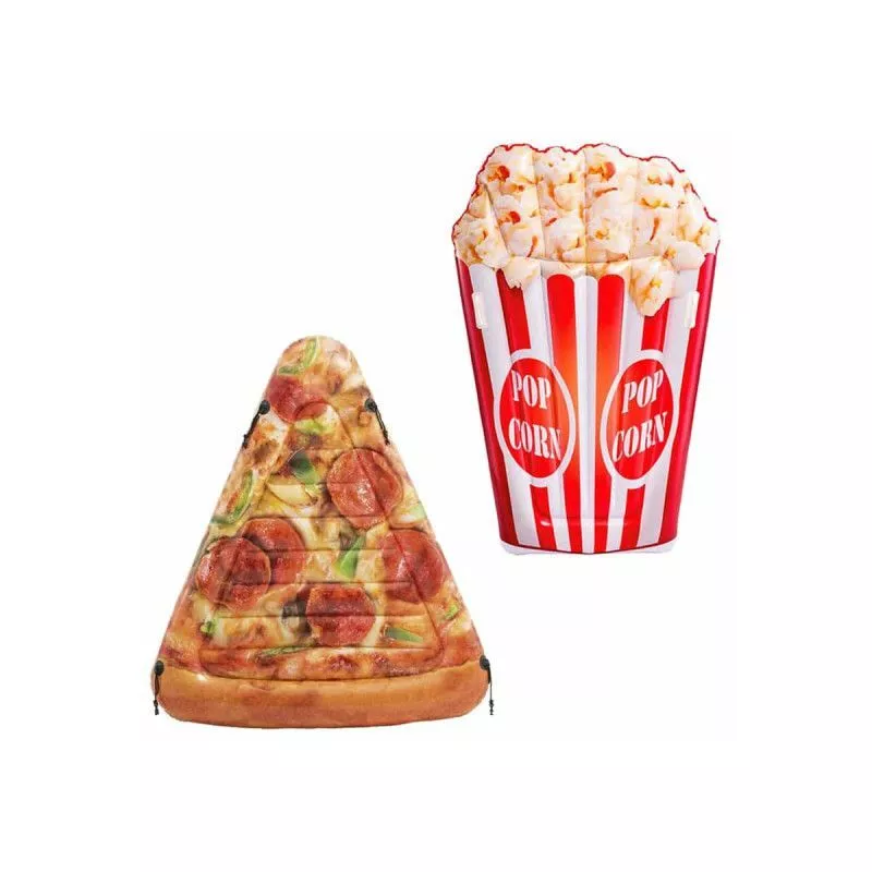 Pack Colchón de playa hinchable pop corn 178x124 cm - Colchón de playa hinchable rodaja de pizza 175x145 cm barato