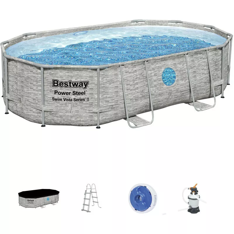 Piscina Desmontable Tubular Bestway Power Steel Diseño Piedra 488x305x107 cm Depuradora Arena 3.028 l/h Cobertor y Escalera barato