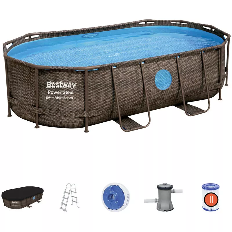 Piscina Desmontable Tubular Bestway Power Steel Oval Diseño Ratán 427x250x100 cm con Depuradora Cartucho 2.006 L/H barato