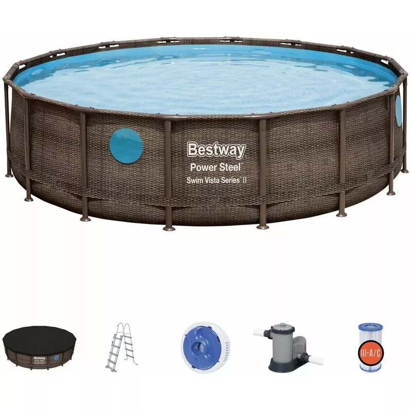 Piscina Desmontable Tubular Power Steel Diseño Ratán 488X122 Cm Con Depuradora Cartucho 5.678 L/H Cobertor Y Escalera - Bestway En Oferta Piscina Desmontable Tubular Power Steel Diseño Ratán 488X122 Cm Con Depuradora Cartucho 5.678 L/H Cobertor Y Escalera - Bestway Barato