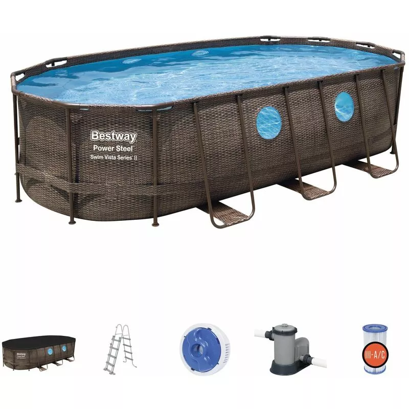 Piscina Desmontable Tubular Power Steel Oval Diseño Ratán 549X274X122 Cm Con Depuradora Cartucho 5.678 L/H - Bestway En Oferta Piscina Desmontable Tubular Power Steel Oval Diseño Ratán 549X274X122 Cm Con Depuradora Cartucho 5.678 L/H - Bestway Barato