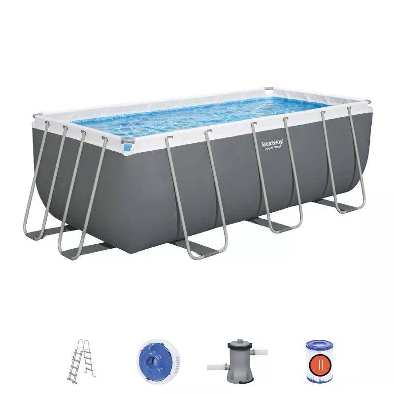 Piscina Tubular Rectangular Bestway Power Steel 412x201x122 cm Depuradora de Cartucho Escalera y Dispensador Químico Color Gris barato