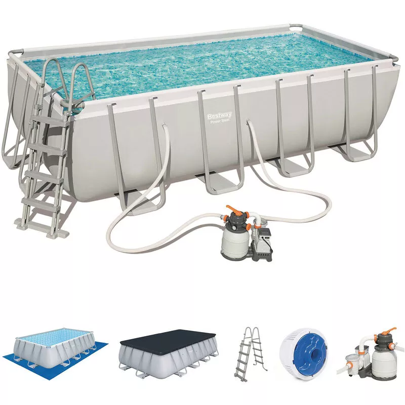 Piscina Tubular Rectangular Bestway Power Steel 488x244x122 cm con Depuradora de Arena Escalera y Dispensador Químico Color Gris barato