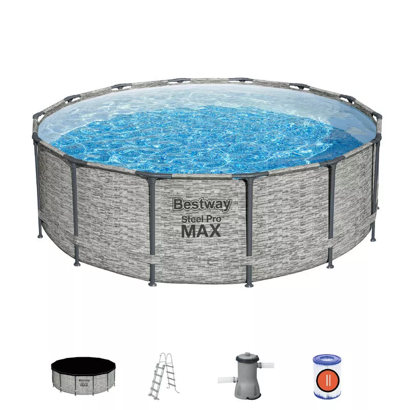 Piscina Tubular Redonda Bestway Steel Pro Max 427x122 cm con Depuradora de Cartucho Cobertor y Escalera Diseño Piedra barato