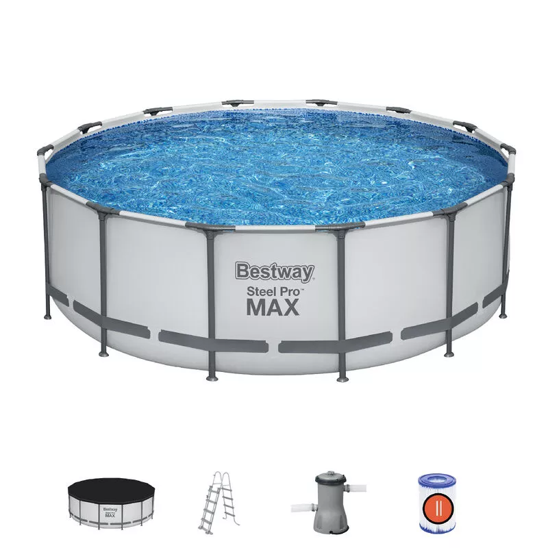 Piscina Tubular Redonda Bestway Steel Pro Max 427x122 cm con Depuradora de Cartucho de 3.028 l/h Cobertor y Escalera Azul barato