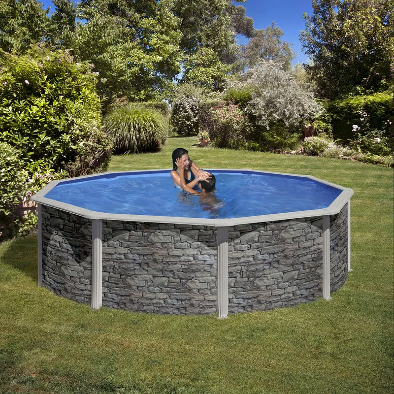 Piscina desmontable de acero redonda en decoración piedra - Medidas: 460 x 120 cm con filtro de arena barato