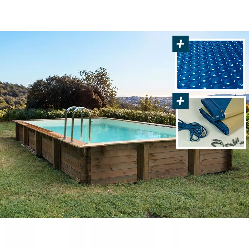 Piscina rectangular de madera Tampa - 7.20 x 4.20 x 1.44 m - Cubierta de burbujas 400 µ - Cubierta de invierno 280 g/m² barato