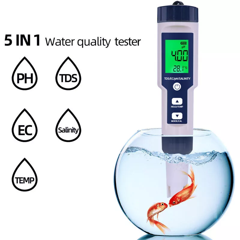 Probador de calidad del agua 5 en 1 Medidor digital Analizador de calidad del agua Detector PH / TDS / EC / Temperatura / Salinidad Prueba IP67 barato
