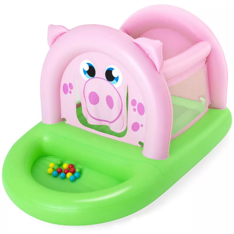 Saltador Hinchable con 15 Bolas de Juego Bestway Oinkster Pig 239x162x137 cm Color Rosa y Verde con Malla de Seguridad barato
