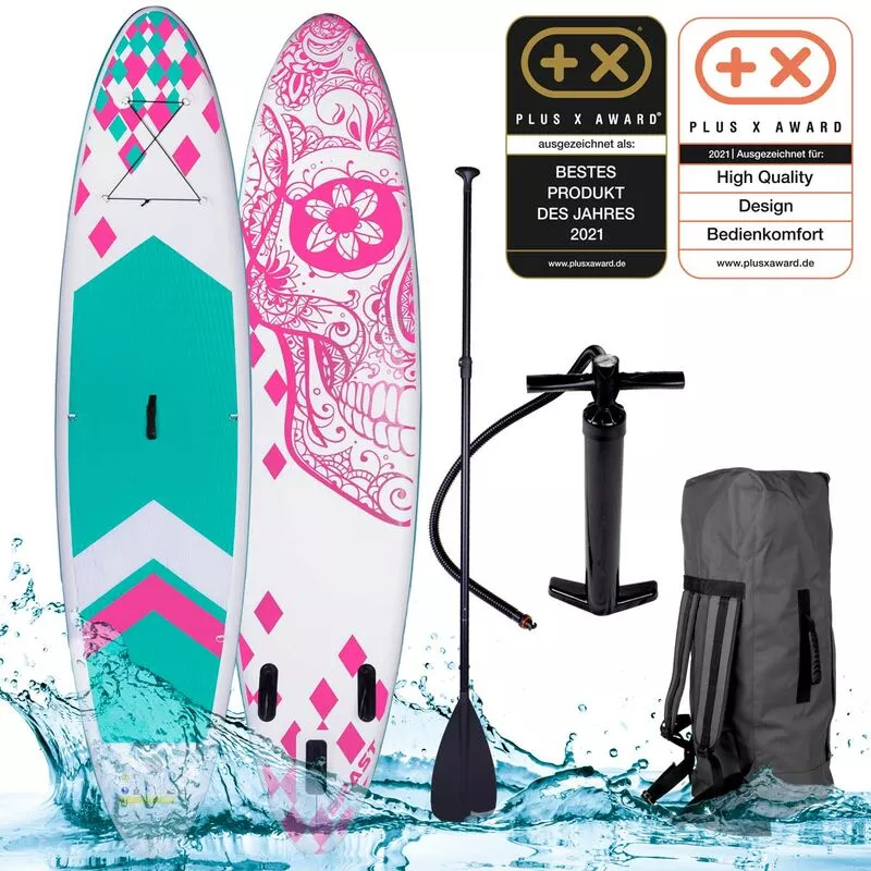 Tabla Paddle Surf inflable CANDY SKULL rosa 320x76x15 cm+remo telescópico+mochila+bomba+kit de reparación