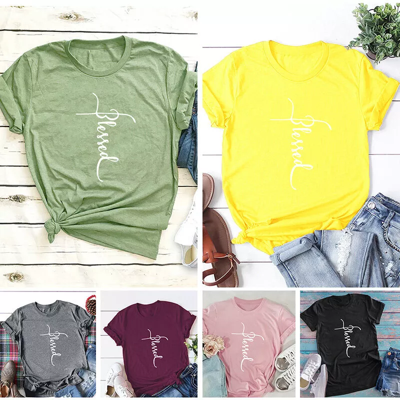 Verano Mujer Casual Algodon Camiseta divertida Blessed Letter Print O Cuello Manga corta Cute Tee Tops Pullover