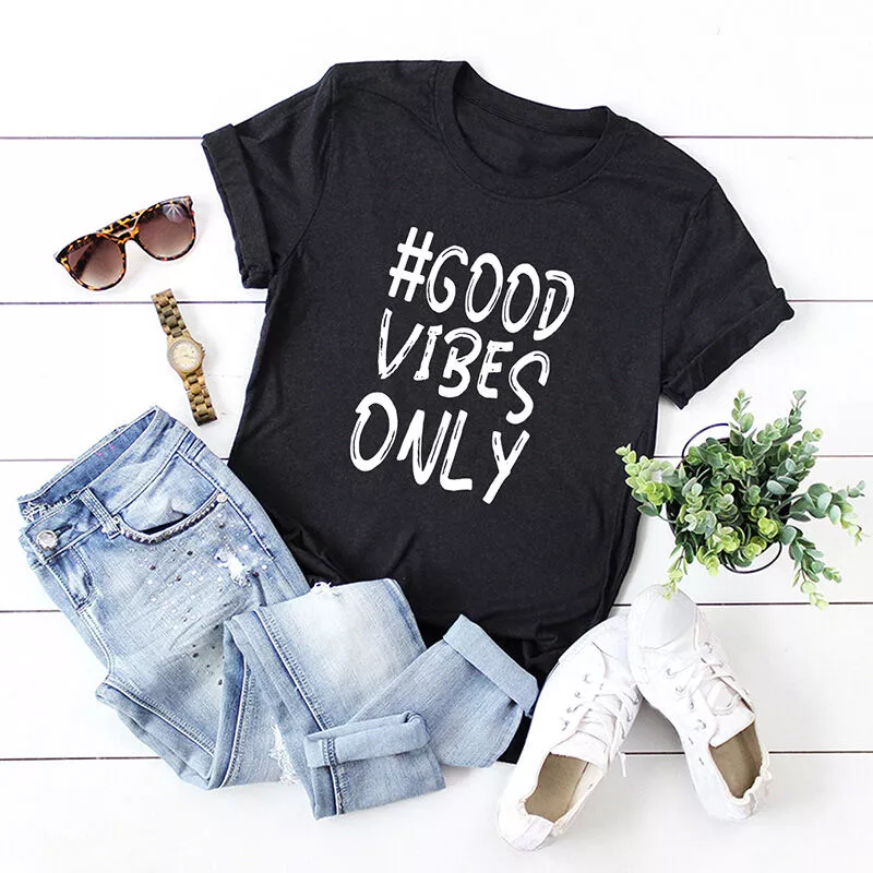 Verano Mujer Good Vibes Only Camiseta Letras Imprimir O Cuello Camiseta de manga corta