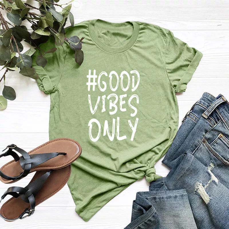Verano Mujer Good Vibes Only Camiseta Letras Imprimir O Cuello Camiseta de manga corta